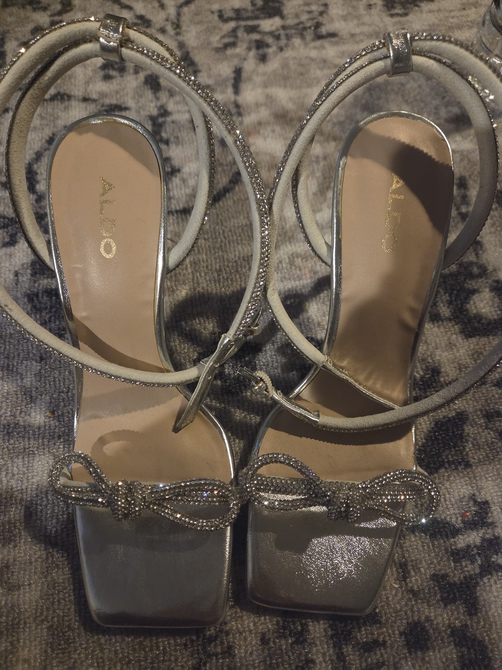 ALDO Silver Glitter Bow Ankle-Strap Heels